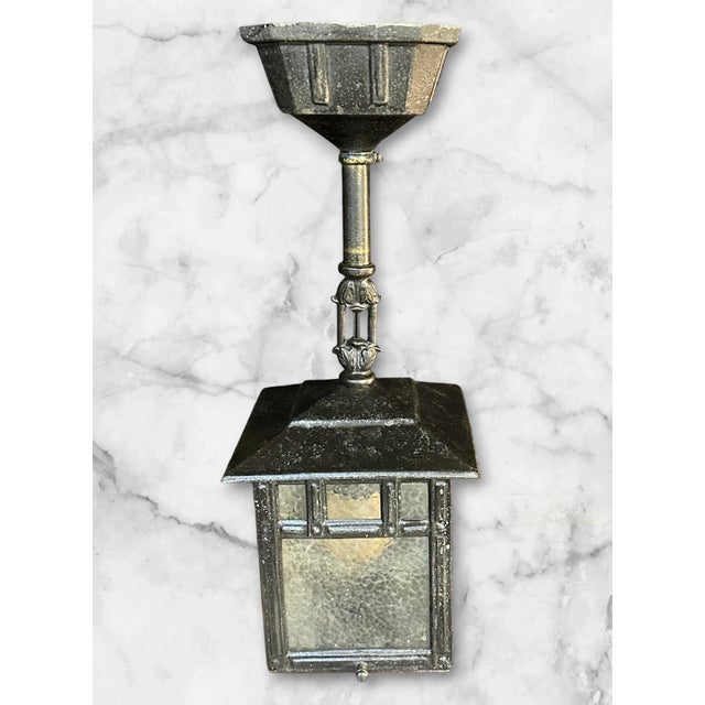1910s Arts & Crafts Black Pendant Light With Ice Glass For Sale - Image 4 of 8