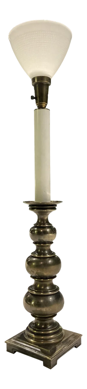 Tall Solid Brass Torchiere Table Lamp Milk Glass Diffuser Manner of Chapman