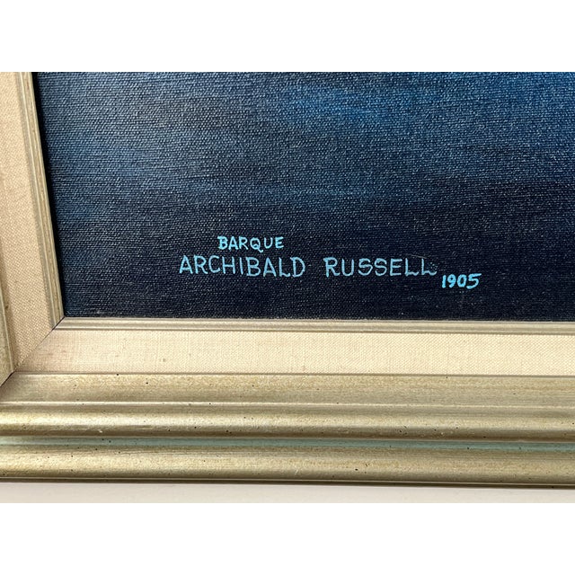 Blue “Barque Archibald Russell 1905” Oil on Canvas Painting by John Richard Perry Me 1984 Signed Lower Right For Sale - Image 8 of 10