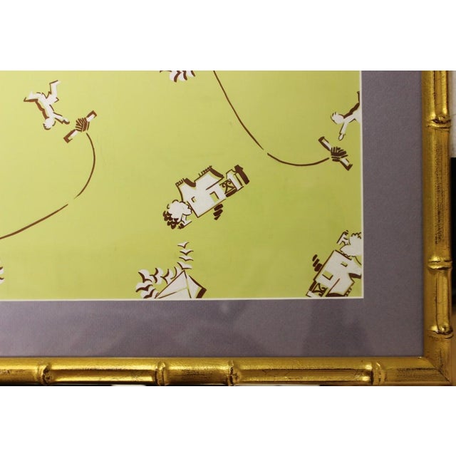 Charming gouache depicting a boy flying a sailboat kite on pea green paper in a gilt bamboo frame Art Sz: 11 1/4"H x 10...