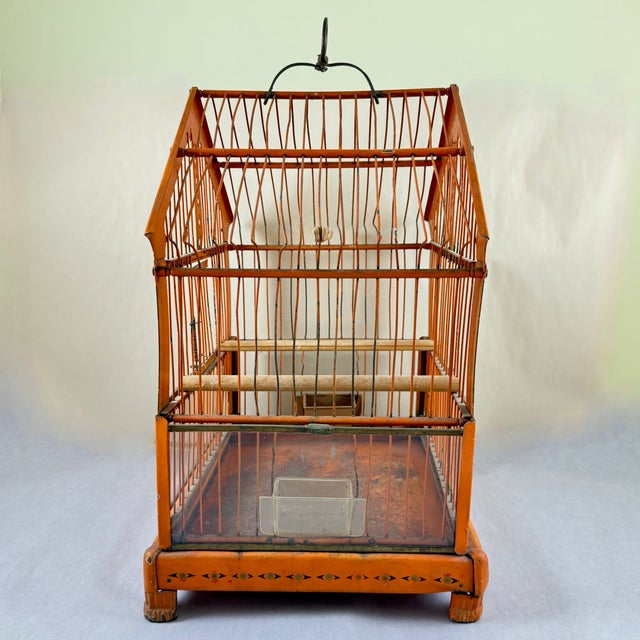 Orange Japanned Metal Bird Cage, Hand-Painted, Circa 1900-1920 For Sale - Image 12 of 18