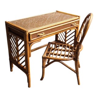 Late 20th Century Vintage Brown Jordan Rattan Desk and Chair Set - Two Piece Set For Sale