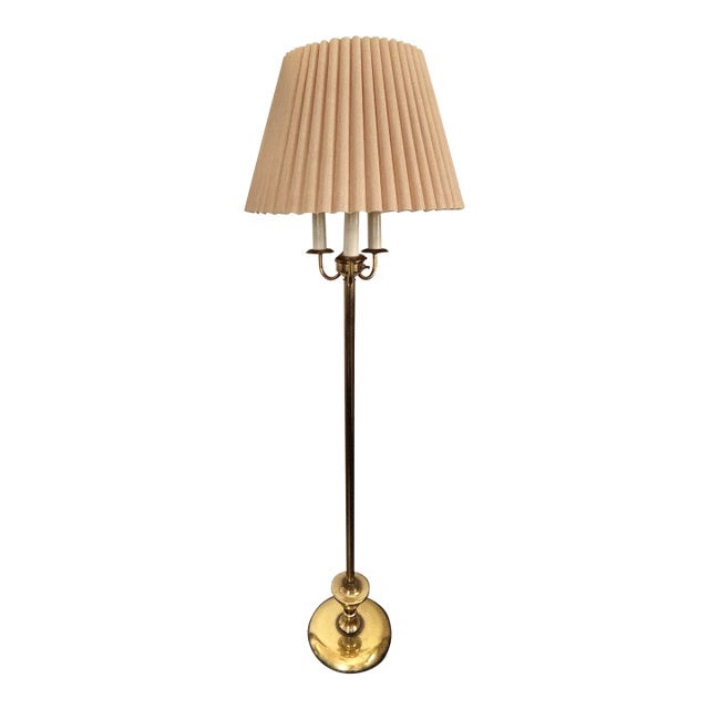 Late 20th Century American 4-Light Brass Floor Lamp on Round Base With Shade For Sale