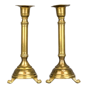 Antique French Brass Lion Feet Candlestick Holders - Set of 2