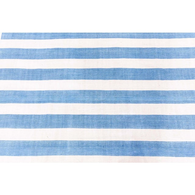 White Doris Leslie Blau Dhurrie Vintage Striped White And Blue Flatweave Cotton Rug For Sale - Image 8 of 8