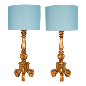 Vintage Italian Table Lamps Carved Giltwood Lamps on a Tripos Base a Pair
