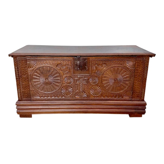 Spanish Carved Wooden Chest with Geometric and Floral Motifs, 1840 For Sale - Image 13 of 13