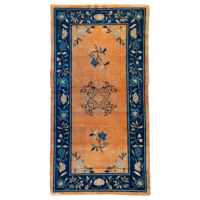1900 - 1909 Early 1900s Navy Blue Border and Gold Chinese Area Rug For Sale - Image 5 of 5