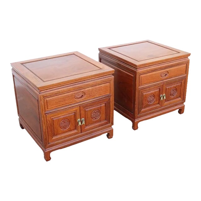 Mid 20th Century Pair Asian Rosewood Chinoiserie Nightstands For Sale