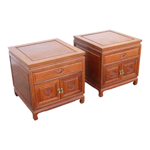 Mid 20th Century Pair Asian Rosewood Chinoiserie Nightstands