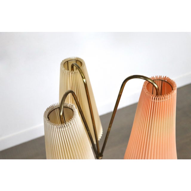 Vintage Tripod Floor Lamp in Brass & Plisse, 1950s For Sale - Image 10 of 11