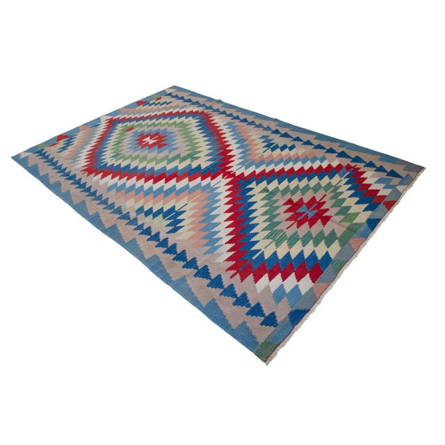 1980s Vintage Hand Woven Turkish Rug Kilim. Blue Tones Wool Oushak Rug Living Room Decor- 6′1″ X 9′ For Sale - Image 5 of 10