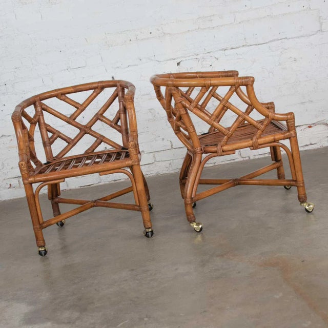 Vintage Chinese Chippendale Rattan Rolling Accent Chairs by Henry Link for Wicker - A Pair For Sale - Image 6 of 13
