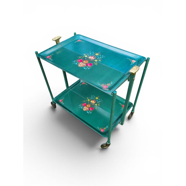 Metal Folding Green Trolley with Floral Decor, 1960s-1970s For Sale - Image 7 of 12