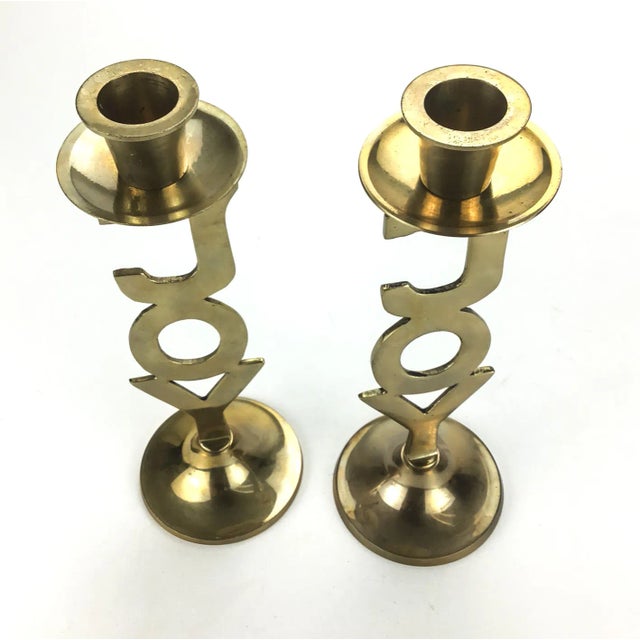 Mid-Century Modern Solid Brass Pair of Joy Motif Candleholders MCM For Sale - Image 3 of 8
