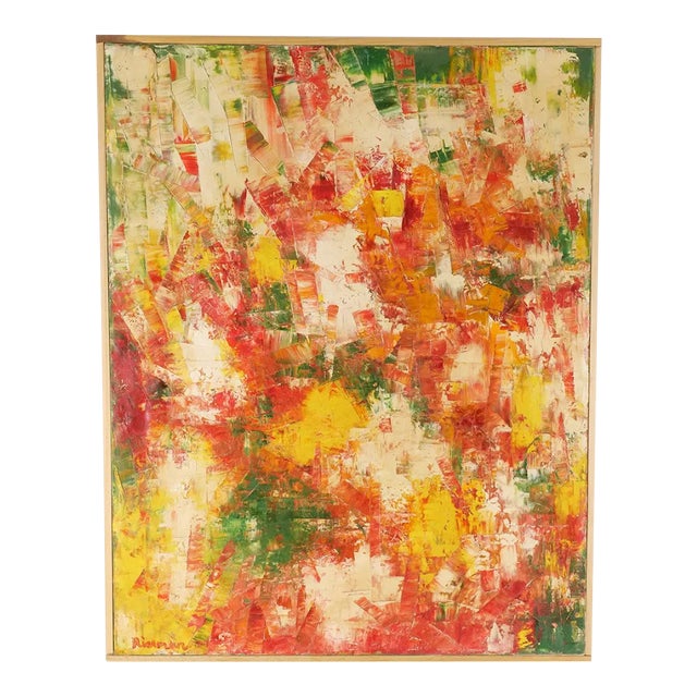Vintage Midcentury Modern Abstract Expressionist Oil on Canvas Painting, Marion Riseman, 1974 For Sale