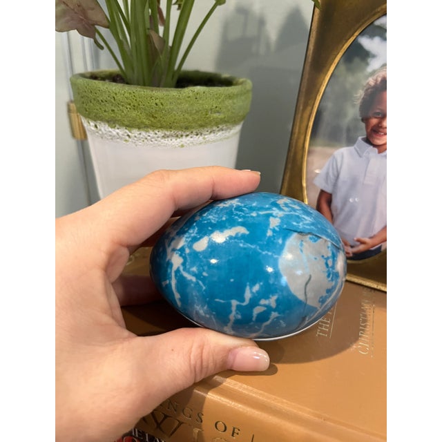 French 1950s Vintage Porcelain Limoges France Pedestal Egg Trinket Box Teal For Sale - Image 3 of 7