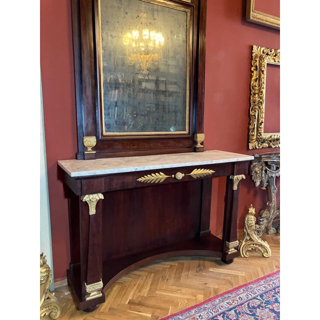 Traditional Italian Empire Mahogany and Parcel Gilt Console with Mirror and Carrara Marble Top For Sale - Image 3 of 18