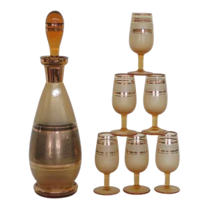 Bohemia Glass Czechoslovakia Gold Amber Decanter and Six Glasses Set