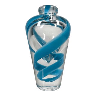 1990s Blue Ribbon Italian Art Glass Murano Swirl Vase Signed John Burchetta For Sale