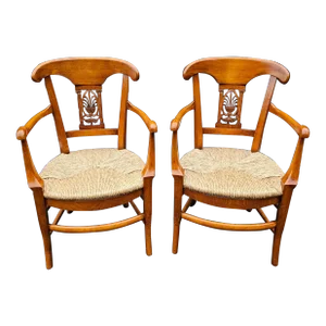 Pair of Mid 20th Century Solid Walnut French Directoire Rush-Seated Armchairs