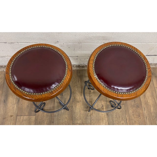Burgundy Vintage Virginia House Oxblood Burgundy Vinyl Nailhead Swivel Backless Barstools For Sale - Image 8 of 15