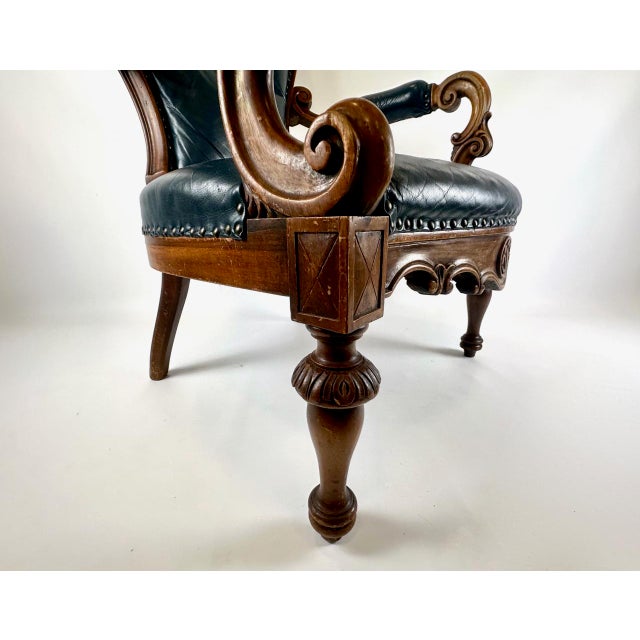 Antique French Armchair in Walnut and Blue Leather, 1890s For Sale - Image 6 of 18