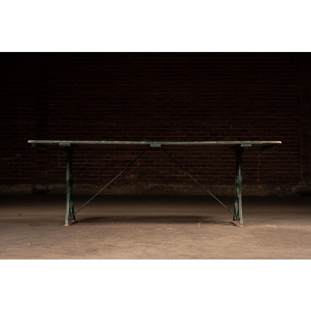 Farmhouse Late 19th Century Weathered Green Farmhouse Trestle Table With Cast Iron Base For Sale - Image 3 of 10