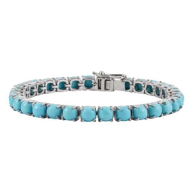 Cushion Cut 18.1 Ct Turquoise Prong Set Tennis Bracelet in 925 Sterling Silver For Sale