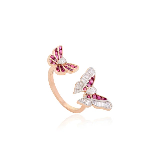 Ruby & Diamond Twin Butterfly Open Cuff Ring Size 5 For Sale - Image 4 of 12