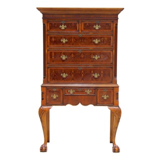 1950s Chippendale Revival Mahogany Highboy Chest on Stand With Satinwood Inlay & Ball-and-Claw Feet For Sale