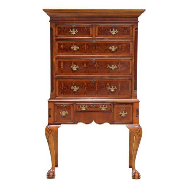 1950s Chippendale Revival Mahogany Highboy Chest on Stand With Satinwood Inlay & Ball-and-Claw Feet For Sale