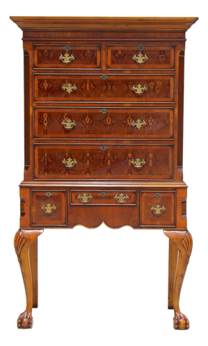 1950s Chippendale Revival Mahogany Highboy Chest on Stand With Satinwood Inlay & Ball-and-Claw Feet