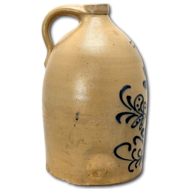 Outstanding Large 3 Gallon American Stoneware Jug With Fancy Blue Hand Decorated Flower Design - Circa 1870s For Sale - Image 9 of 12