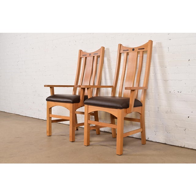 Charles Rennie Mackintosh Style Arts & Crafts Inlaid Oak High Back Armchairs, Pair For Sale - Image 12 of 12