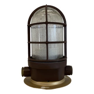 Vintage Industrial Caged Bulkhead Ceiling Light with Ribbed Glass, 1970s For Sale