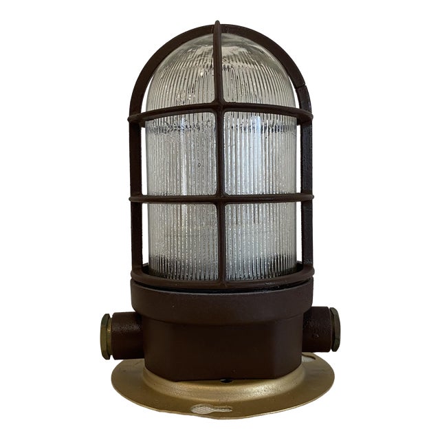 Vintage Industrial Caged Bulkhead Ceiling Light with Ribbed Glass, 1970s For Sale