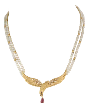 Carrera y Carrera Ruby Diamond Pearls 18k Yellow Gold Eagle Necklace