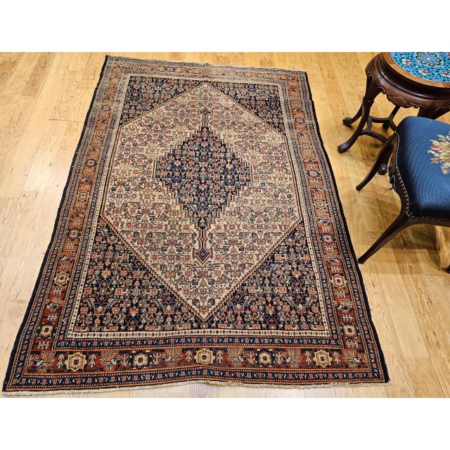 Textile Antique Senneh Area Rug, Hand-Knotted Wool, Herati Medallion Pattern, Ivory & Navy, 4x6 For Sale - Image 7 of 17