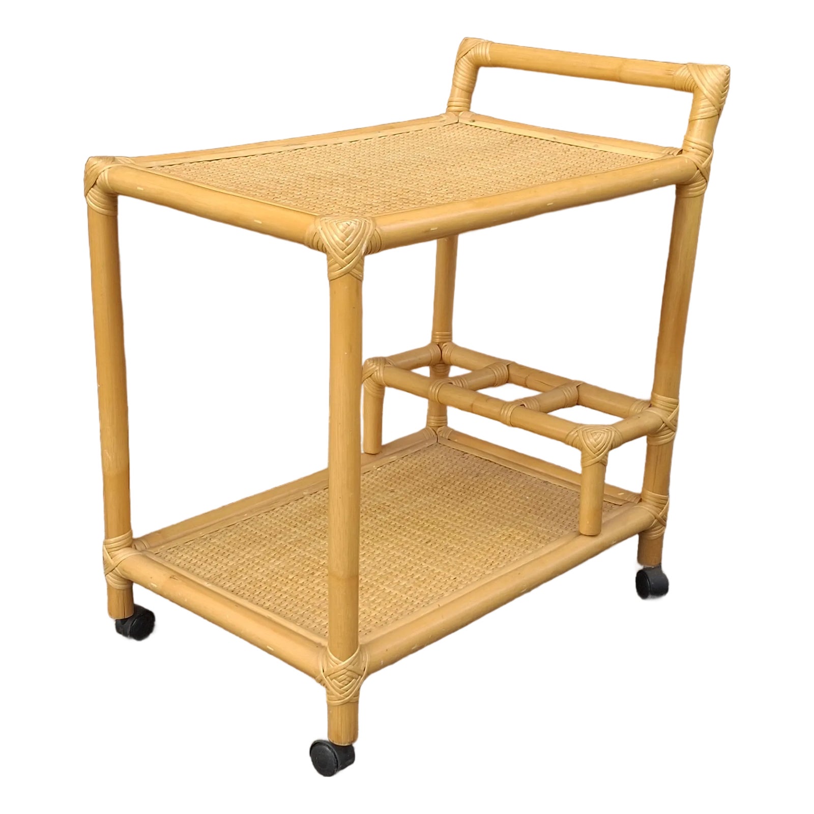 Late 20th Century Rattan and Cane Rolling Bar Cart | Chairish