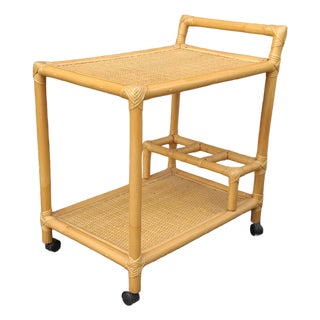 Late 20th Century Rattan and Cane Rolling Bar Cart For Sale