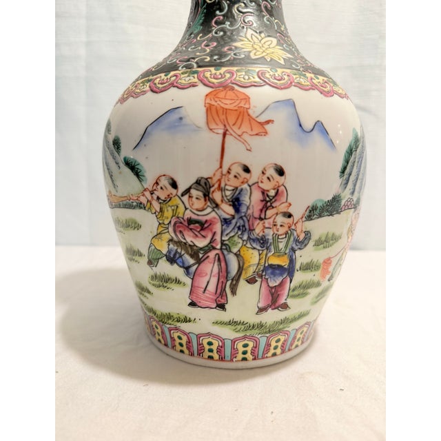 Chinoiserie Vintage 14" Famille Noire & Rose "Boys at Play" Vase by Turtle and Crane - Chinoiserie Chic For Sale - Image 3 of 9
