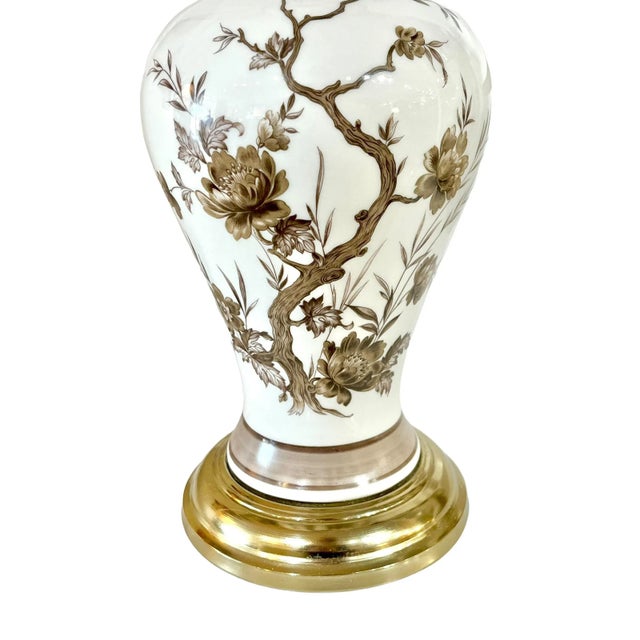 French Country Pair Vintage Brown and White Ceramic Transferware Hollywood Regency Style Lamps For Sale - Image 3 of 12