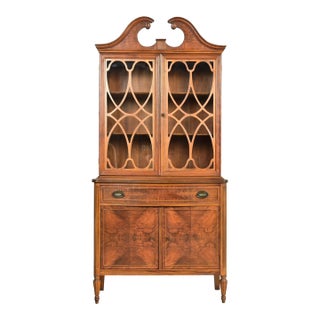 Baker Furniture Style Georgian Burled Walnut Breakfront Bookcase Cabinet, Circa 1960s For Sale