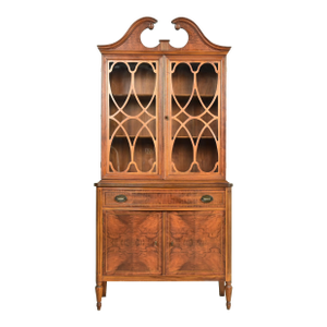 Baker Furniture Style Georgian Burled Walnut Breakfront Bookcase Cabinet, Circa 1960s