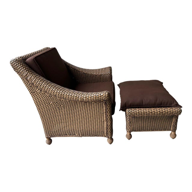 Tommy Bahama Weathered Resin Wicker Chair and Ottoman, 2 Pieces For Sale