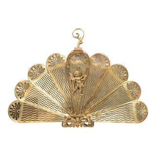 Vintage Fireplace Fan Brass Peacock Cherub XL Victorian For Sale