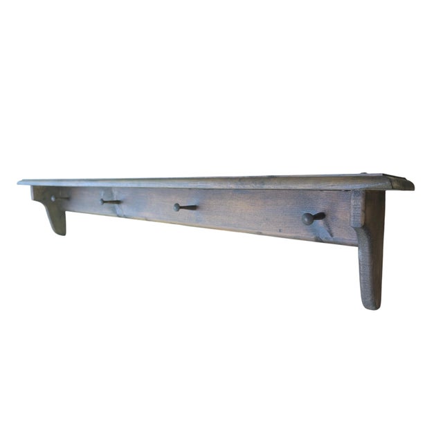 Vintage Farmhouse English Cottage Wooden Wall Shelf With Peg Hooks For Sale In Charlotte - Image 6 of 17