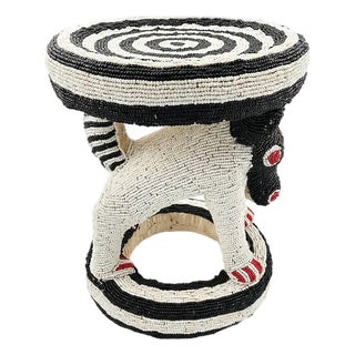 Black and White Bead Bamileke Stool .Handcrafted Cameroon Coffee Table For Sale