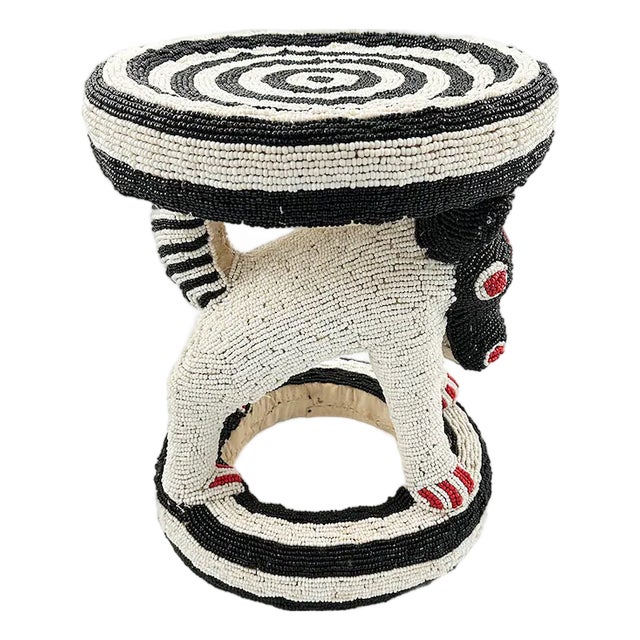 Black and White Bead Bamileke Stool .Handcrafted Cameroon Coffee Table For Sale